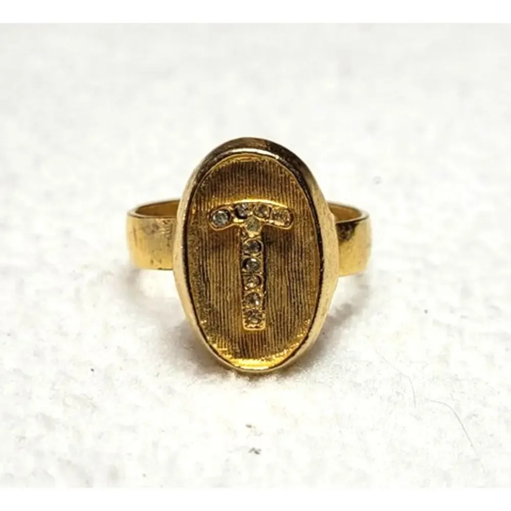 Vtg Uncas Initial T Rhinestone Signet Unisex Ring Size 8.5 Adjustable Goldtone